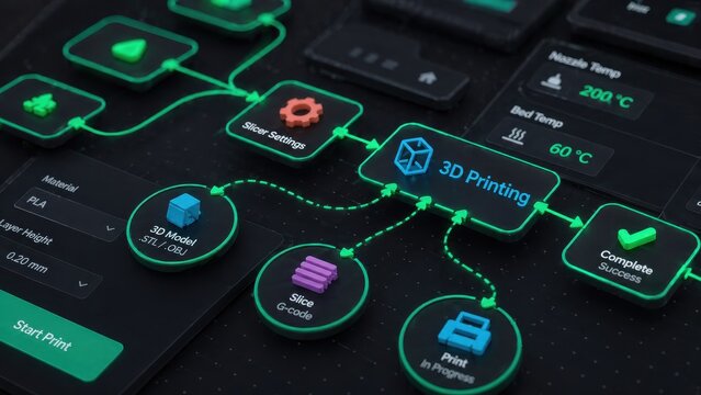 3D Printing Workflow Diagram Featuring Digital Icons and Connections on a Dark Interface