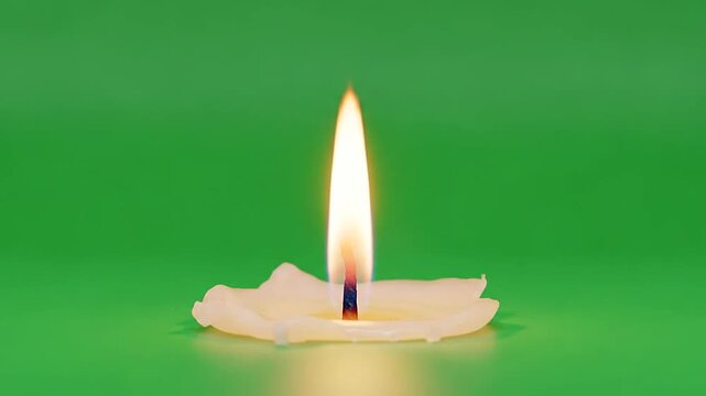 A single white wax candle burns with a bright flame against a solid green background