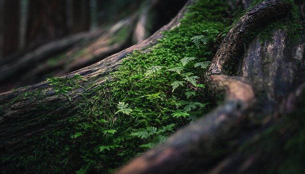 Close up of vibrant green moss and tiny ferns growing on old tree roots in a dark forest