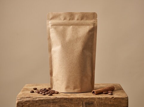 Sustainable stand-up doypack packaging template with coffee beans and a cinnamon stick.