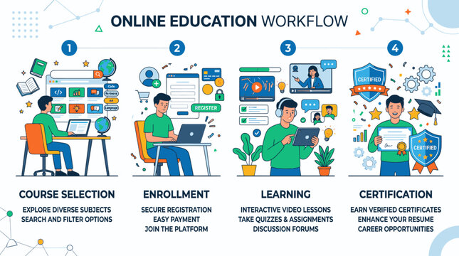 E-learning workflow infographic showing steps from enrollment to certification.