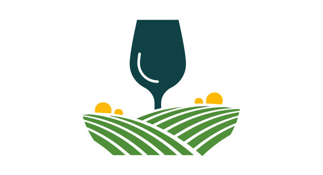 Wine glass logo with green vineyard fields illustration.