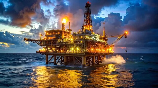 An offshore oil drilling platform illuminated at night on the dark ocean surface