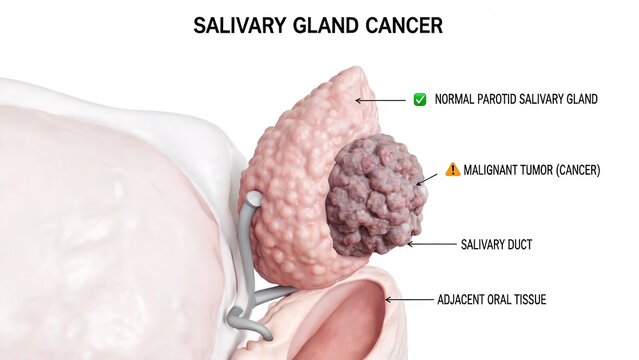 3D Medical Illustration of Salivary Gland Cancer, Showing Malignant Tumor in Parotid Gland with Normal Gland, Duct, and Adjacent Oral Tissue