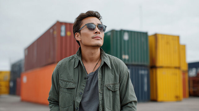 Adult asian man logistics manager warehouse worker shipping yard cargo container container stack outdoor portrait sunglasses green jacket