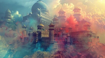A dreamlike, surreal landscape of a grand Kashmiri-folk–classical palace complex perched atop rugged cliffs, shimmering under a kaleidoscopic, interplanetary sunset haze. Ornate domes, minarets, and