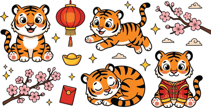 Cute Chinese New Year tiger collection featuring cartoon tiger cubs, lantern, cherry blossoms, gold ingot and festive decorations