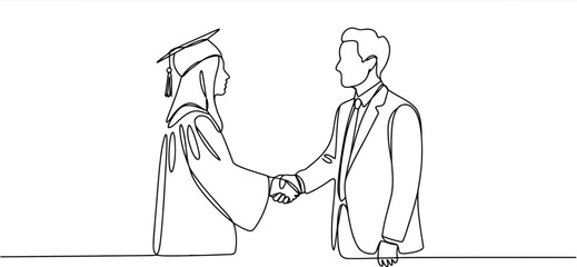Obraz premium Female graduate in cap and gown shaking hands with a man in a suit on a white background