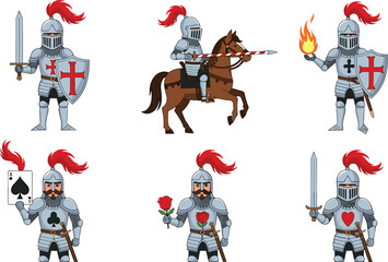 Naklejka premium Medieval Knight and Crusaders Character Cartoon Vector Set Featuring Metallic Armor Red Plume Crest Riding Horse Holding Swords Shields Flames and Roses