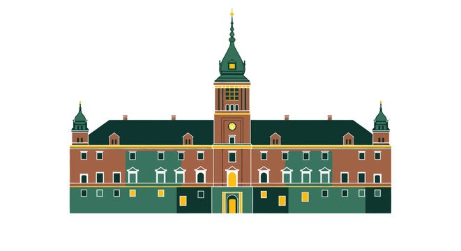 Illustrated historic building with central clock tower architecture.