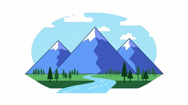 Animated Mountain Landscape with River and Trees Illustration.