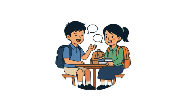Two young students talking at a table with backpacks.