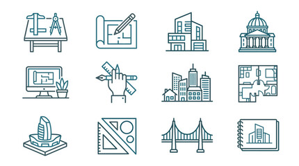 Architectural Design Icons Featuring Tools and Buildings © drx T