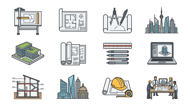 Architectural blueprints and design tools in workspace