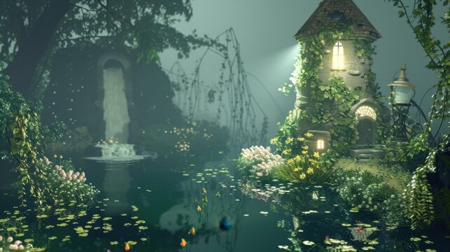 A dreamlike diorama at twilight unfolds along a tranquil, moss-draped riverbank. A tall, ivy-clad fairy-tale lighthouse-like cottage sits at the water&rsquo;s edge, its windows glowing warmly as volumetric