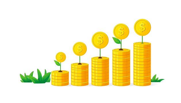 Golden coin stacks of increasing size, each sprouting a tiny plant, on a white background with green grass tufts