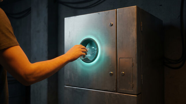 Person Using Reverse Vending Machine For Bottle Recycling