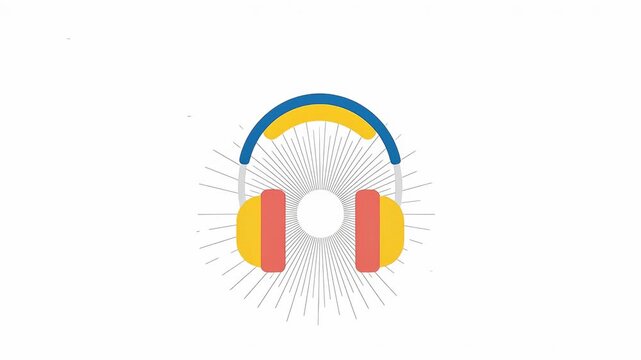 Animated Music Headset with Radiating Audio Waves on White Background.