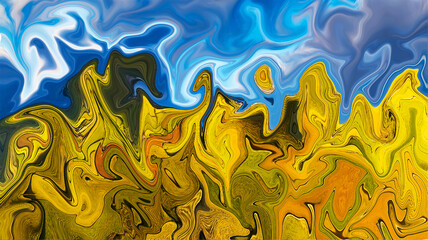 Abstract Colorful Fluid Art Landscape with Golden Yellow Swirls and Blue Sky Background © kholik
