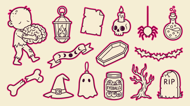 Collection of cute cartoon Halloween icons and elements for spooky celebrations.