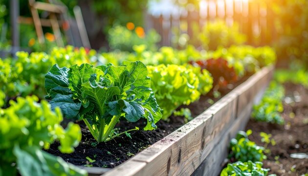 Lush green plants growing in garden bed.