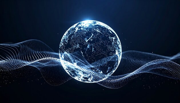 Glowing orb with waves underneath, against a dark backdrop, featuring a pattern of sparkling particles