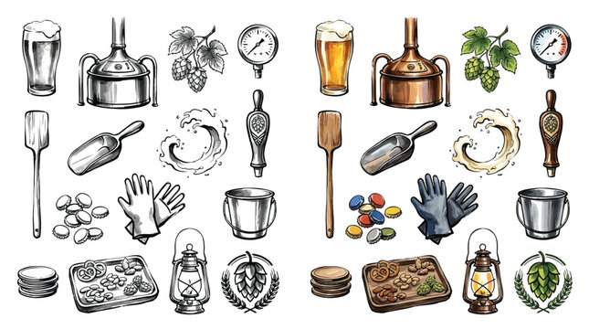 Collection of hand-drawn illustrations depicting the craft beer brewing process and its ingredients.