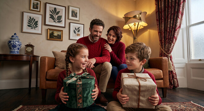 A family of four sits in a cozy indoor living room, children hold wrapped gifts while parents smile warmly.