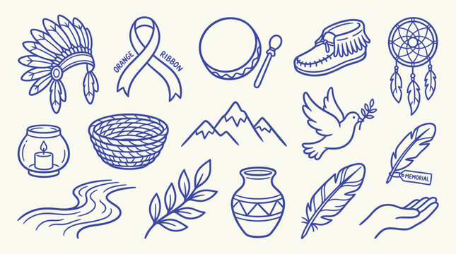 Collection of Indigenous cultural symbols and elements, including a headdress, dreamcatcher, and peace dove.