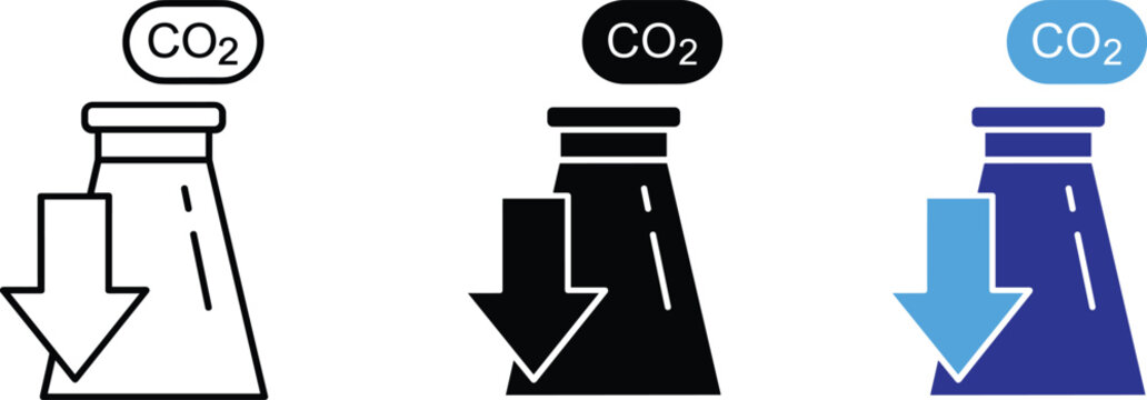 Carbon Dioxide Emission Reduction Icon Set Vector Line Art and Flat Color Illustration