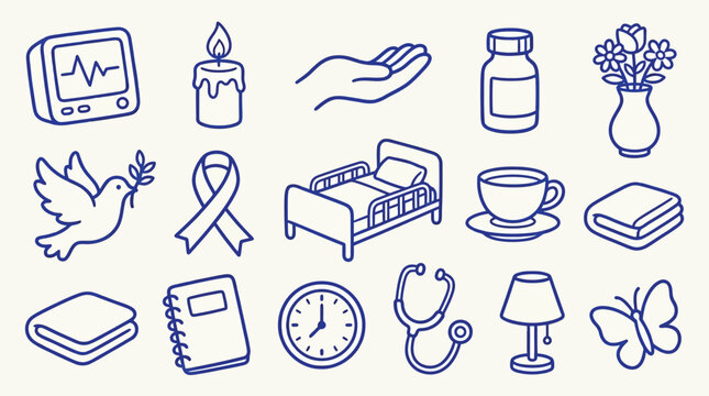 Collection of healthcare and comfort icons including a heart monitor, candle, hand, pill bottle, flowers, dove, ribbon, bed, tea cup, blanket, notebook, clock, stethoscope, lamp, and butterfly.
