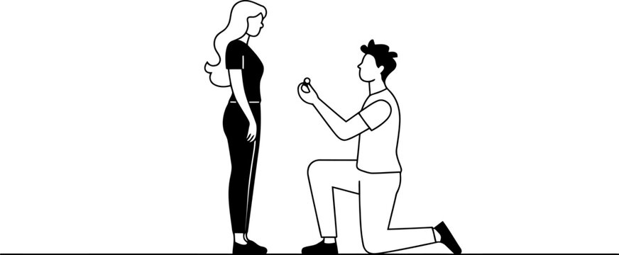 Man kneeling on one knee proposing marriage to woman holding engagement ring with diamond on white background