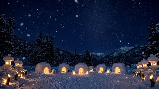 Kamakura Snow Igloo Winter Night Frame on Indigo Background