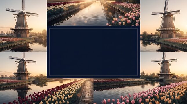 Dutch Windmill Tulip Canal Frame on Dark Navy Background