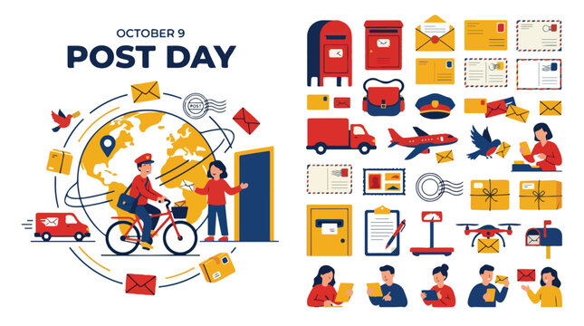 World Post Day vector illustration set, postal service icons and mail delivery elements, October 9 international courier celebration graphics