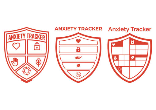 Anxiety tracker shield badge collection in red outline vector style, mental health emblem design for wellness planner, therapy worksheet and printable self care journal.
