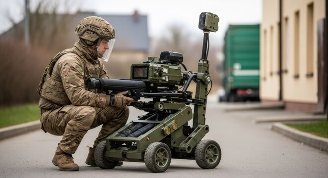 Man soldier operating ground robot for mine clearance and surveillance. Military robotics technology for remote explosive ordnance disposal. Modern warfare equipment in urban combat zone.