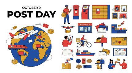 Naklejka premium World Post Day October 9 vector illustration set, global mail delivery service icons, postal logistics and shipping elements collection