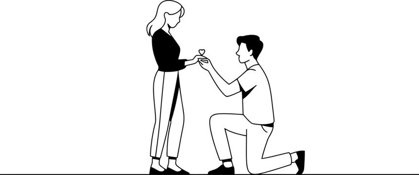 Man proposing to woman with ring on white background style marriage offering