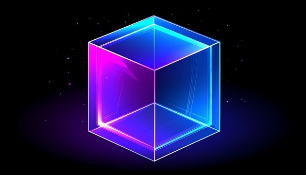 Glowing outlined cube in blues and purples stands out against a black background with small light particles