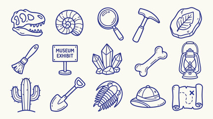 Collection of hand-drawn icons representing paleontology and archaeology, including fossils, tools, and museum exhibits. © zainab