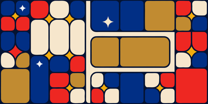 Geometric pattern of irregularly arranged rectangles and squares in red gold and blue abstract arrangement