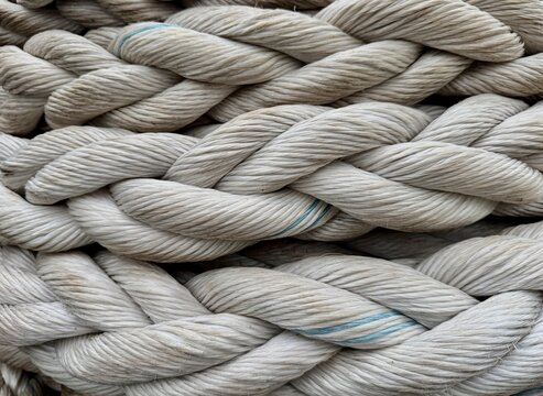 Close-up view of thick braided synthetic marine mooring ropes arranged in an interwoven pattern. Detailed texture of heavy-duty maritime rope used for ship mooring operations, nautical industry