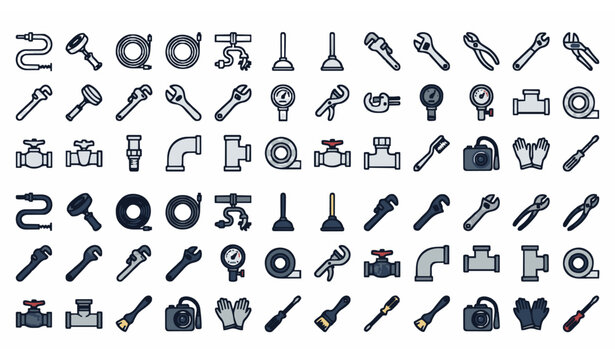 Drain cleaning and plumbing tool icon set vector illustration