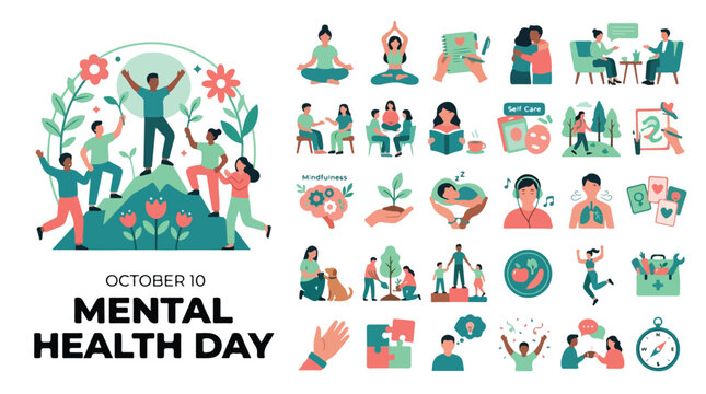 Mental Health Day vector icon set, October 10 wellness and self care illustrations, psychological health and mindfulness collection for web and print
