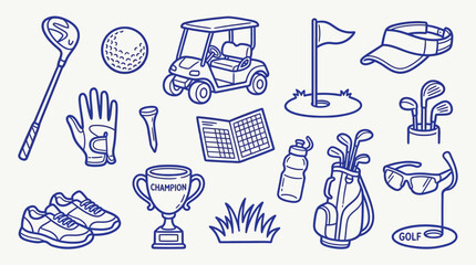 Collection of hand-drawn golf icons and equipment, perfect for sports and leisure themes. © zainab