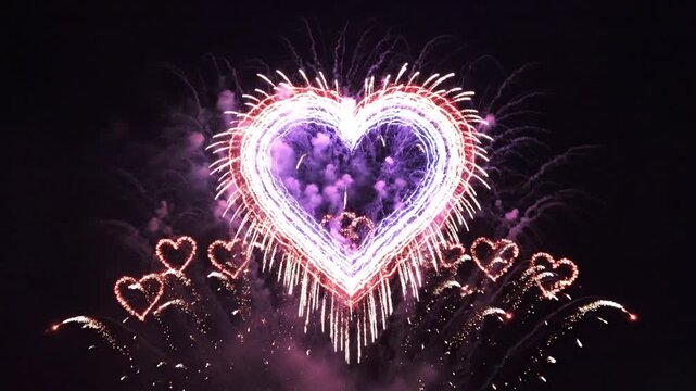Vibrant heart shaped fireworks bursting in colorful patterns against a night sky