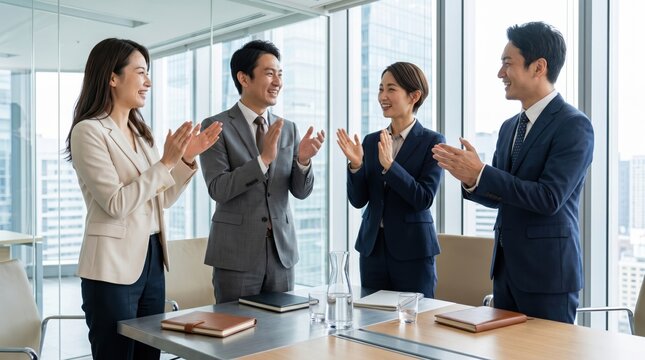 Diverse business team clapping and celebrating success in modern office, smiling colleagues congratulating each other for achievement