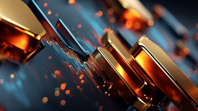 Macro 3D abstract awards concept with gold and blue reflective metal, dynamic graphs, rich colors, technology visualization, futuristic design, high depth of field, modern innovation presentation