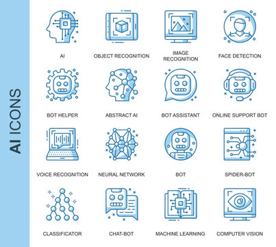 Ai Icons Set Featuring Object Recognition, Neural Networks, Facial Recognition, and Machine Learning Symbols in Blue Vector Design